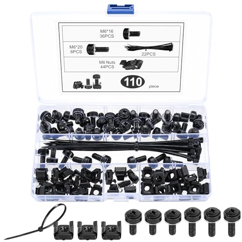 110 STK M6 Käfigmuttern Montage Set, Rack Muttern & Schrauben für Netzwerkschrank Servergehäuse Steckdosenleiste, mit 22 Kabelbinder (Schwarz) von qxayxa