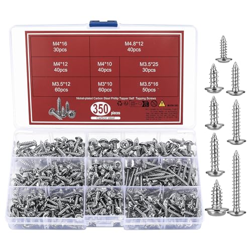 qxayxa 350 Stk Tellerkopfschrauben, Selbstschneidende Schrauben, M3, M3,5, M4, M4,8 Blechschrauben, Kreuzschlitz Holzschrauben, Selbstbohrende Metallschrauben mit Scheibe für Holz von qxayxa
