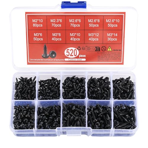qxayxa 520 Stück KarosserieschraubenBlechschrauben Selbstschneidende Schrauben, Bohrschrauben Fassadenschrauben, Flachkopf Holzschrauben mit Scheibe TORX schwarz - M2/M2,3/M2,6/M3 von qxayxa