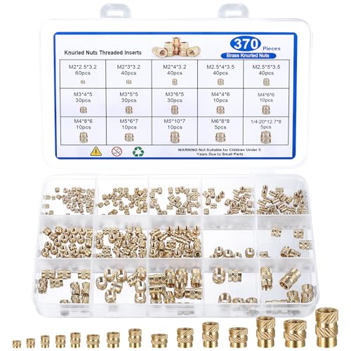Gewindeeinsatz Einpressmutter, 370 Stk M2 M2,5 M3 M4 M5 M6 & 1/4-20 Innengewinde Rändelmuttern, 3D Drucker Messing Einbettung Muttern, Gewindebuchsen für Kunststoffteile 3D Druckteile von qxayxa