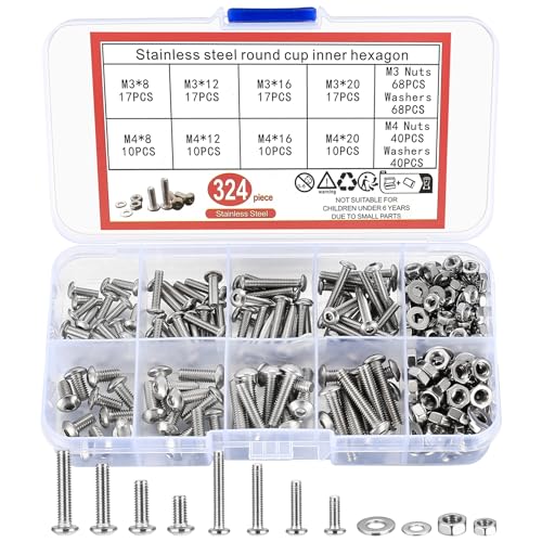 qxayxa 324 Stk Schrauben Set, M3 M4 Schrauben und Muttern und Unterlegscheiben Sortiment Set, Linsenkopf Innensechskantschrauben, Gewindeschrauben Set mit Muttern und Unterlegscheiben von qxayxa