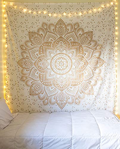 raajasee Mandala-Wandteppich aus indischer Baumwolle, für Schlafzimmer, indischer Wandbehang, Hippie-Raumdekor, kleiner Wandteppich, Weißgold, 76 x 101 cm von raajsee