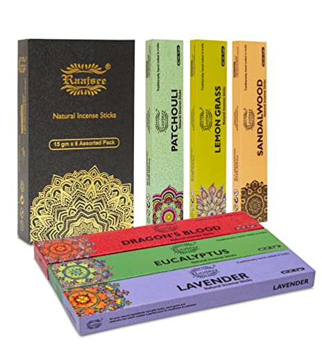 Raajsee 100% Bio-Räucherstäbchen handgerollt 6er-Pack je 15 Gramm-Lavendel, Sandelholz, Patchouli, Drachenblut, Eukalyptus, Zitronengras -Frei von Chemikalien - Perfekt für Kirche, Aromatherapie#pk4 von raajsee