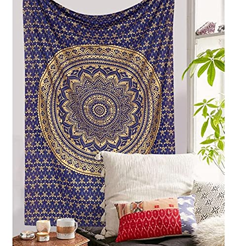 raajsee Wandteppich Mandala,Boho Wanddeko, blaues Gold Aesthetic Room Décor, Wandtuch Psychedelic Wandbehang 132 x 152 cms von raajsee