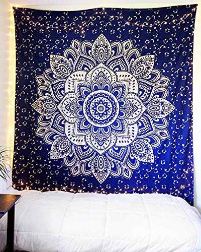 raajsee Indisch Wandteppich Mandala blaues Gold, Boho WandDeko, Aesthetic Room Décor, Wandtuch Mandala, Wandbehang Psychedelic 208 x 232 cms von raajsee
