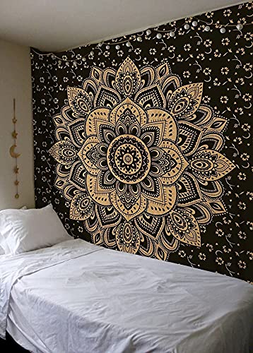 raajsee Indian Tapestry, Mandala, Black Gold, Boho Wall Decoration, Aesthetic Room Décor, Mandala Wall Tapestry, Wall Hanging, Psychedelic, 208 x 232 cms von raajsee