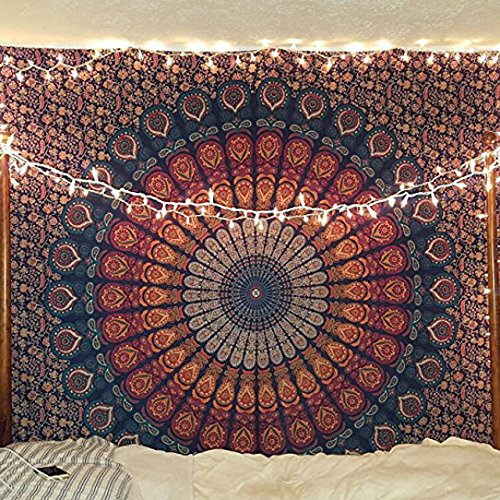 raajsee Indisch Wandteppich Mandala Golden Blau, Boho WandDeko, Aesthetic Room Décor, Wandtuch Mandala, Wandbehang Queen 208 x 232 cms von raajsee