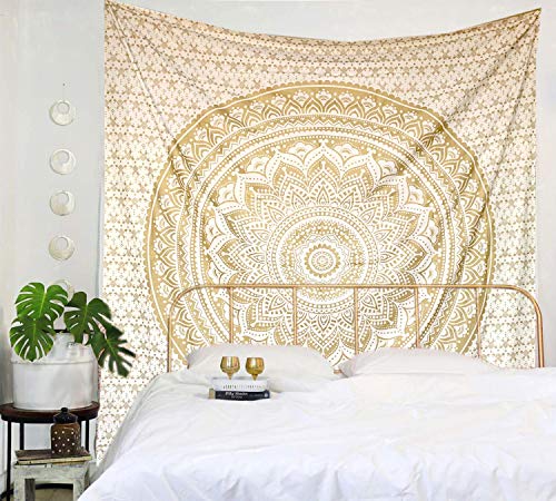 raajsee Indisch Wandteppich Mandala Weißes Gold Boho WandDeko, Aesthetic Room Décor, Wandtuch Mandala, Wandbehang Psychedelic 208 x 232 cms von raajsee