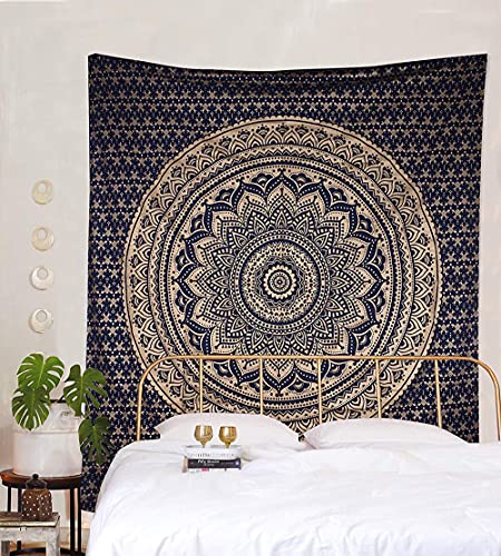 raajsee Indian Mandala Tapestry, Blue Gold, Boho Wall Decoration, Aesthetic Room Décor, Mandala Wall Tapestry, Wall Hanging, Psychedelic, 208 x 232 cms von raajsee