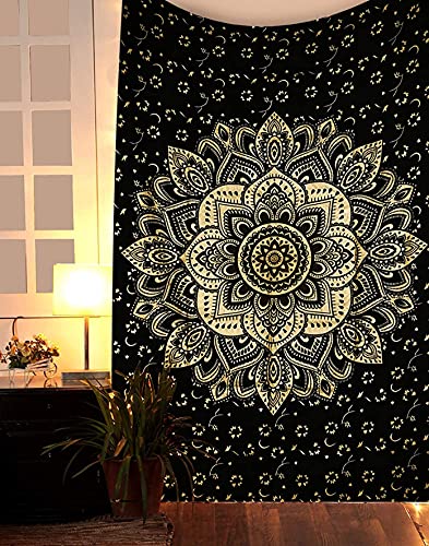 raajsee Wandteppich Mandala,Zimmer Deko, schwarzes Gold Wandtuch Boho WandDeko,Wandbehang Psychedelic 132x208 cms von raajsee