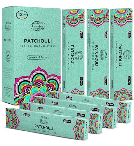 Raajsee Patschuli Natürlich Räucherstäbchen 15 g x 12 Packung, 100% Rein Organisch Handgerollt, Frei Von Chemikalien, Perfekt Für Die Kirche, Aromatherapie, Meditation, Positivität von raajsee