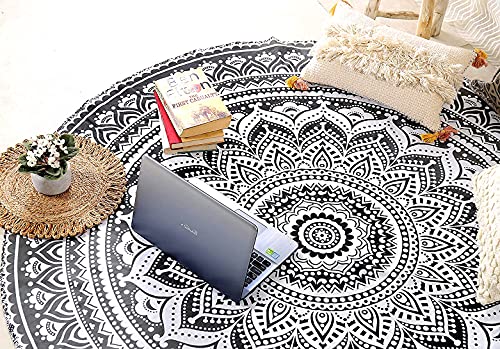 raajsee Grau Schwarz runder Strandteppich Hippie/Boho Stranddecke Mandala Roundie/indische Baumwolle Überwurf – runde Tischdecke, Picknick Teppiche 127 cm Kreis von raajsee