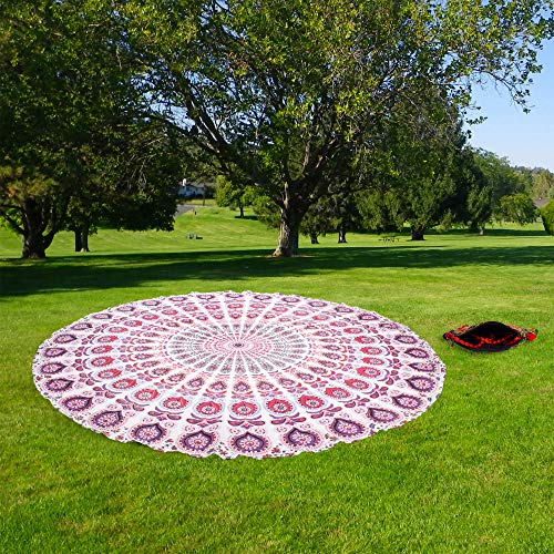 raajsee Weißer rosa runder Strandteppich Hippie/Boho Stranddecke Mandala Roundie/indische Baumwolle Überwurf – runde Tischdecke, Picknick Teppiche 127 cm von raajsee