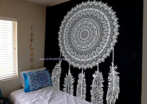 Schwarz Weiß Wandteppich Mandala Dream Catcher/Elefant Boho Wandtuch Hippie/ Mehrfarbige Wandbehang Mandala Decke Tuch/groß indien baumwolle Bohemian Wandtucher Mandala/Weihnachten Geschenk 84x94 inch von RAAJSEE