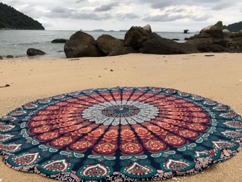 raajsee Indien Strandtuch Rund Mandala Hippie/Groß Indisch Rundes Baumwolle/Boho Runder Yoga Matte Tuch Meditation/Tischdecke Rund aufhänger Decke Picknick Teppich 70 inch (Blaue orange Mandala) von raajsee