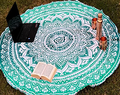 raajsee Indien Strandtuch Rund Mandala Hippie/Groß Indisch Rundes Baumwolle/Boho Runder Yoga Matte Tuch Meditation/Tischdecke Rund aufhänger Decke Picknick handgefertigt Teppich 70 inch (Grün Ombre) von raajsee