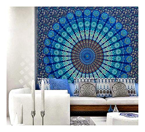 raajsee Wandteppich Mandala Blau,Boho Wand Deko, Aesthetic Room Décor, Wandtuch Mandala, Wandbehang Twin 132 x 208 cms von raajsee