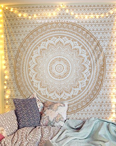 raajsee Wandteppich Mandala,Zimmer Deko, Weißes Gold Wandtuch Boho WandDeko,Wandbehang Psychedelic 132X208 CM von raajsee