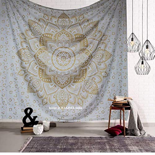 raajsee Indisch Wandteppich Mandala Weißes Gold Boho WandDeko, Aesthetic Room Décor, Wandtuch Mandala, Wandbehang Psychedelic 208 x 232 cms von raajsee