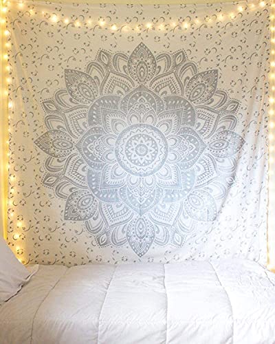 raajsee Wandteppich Mandala,Zimmer Deko, Weißsilber Wandtuch Boho WandDeko,Wandbehang Psychedelic 132 x 208 cms von raajsee