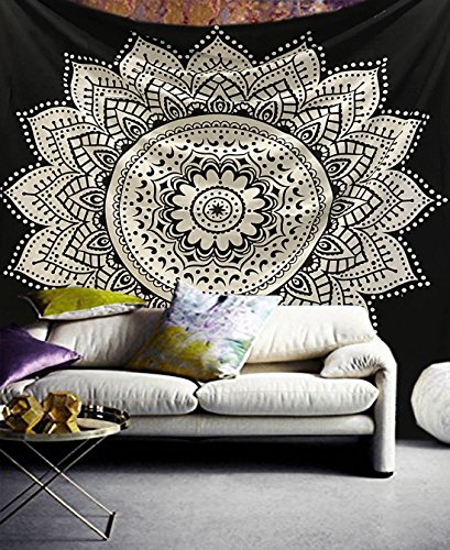 raajsee Indisch Wandteppich Mandala Baumwolle/Indien Wandbehang Schwarz Weiß Lotus Mandala groß Hippie Bohemian Psychedelic Ombre Wand Tuch/Yoga Meditation Rugs (Lotus Mandala, 140 x 210 cm Twin) von raajsee