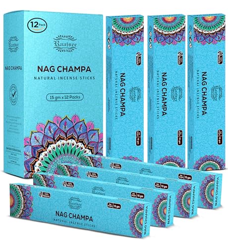 raajsee Nagchampa Natürlich Räucherstäbchen 15 g x 12 Packung, 100% Rein Organisch Handgerollt, Frei Von Chemikalien, Perfekt Für Die Kirche, Aromatherapie, Meditation, Positivität von raajsee