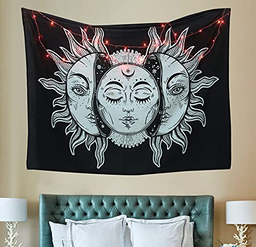 raajsee Psychedelic Burning Sun and Moon with Fractal Faces Tarot Tapestry Wall hanging,Indian Cotton Throw,Black & White Mystic Tapestries Hippie Mandala,Boho Bedding Yoga Mat Meditation 54x82 inch von raajsee
