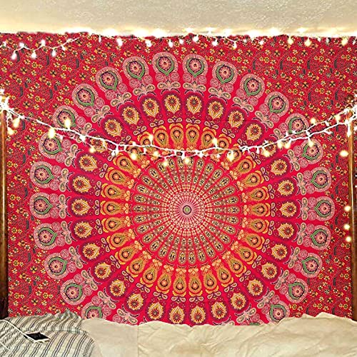 raajsee Wandteppich Mandala Rot, Aesthetic Room Décor, Boho Deko Wandtuch Mandala, Wandbehang 132 x 152 cms von raajsee