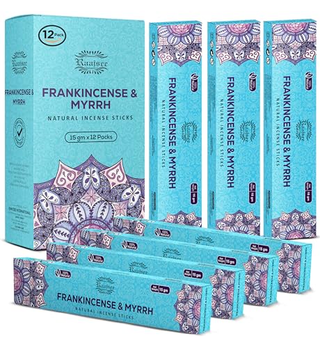 Raajsee Weihrauch & Myrrhe Natürlich Räucherstäbchen 15 g x 12 Packung, 100% Rein Organisch Handgerollt, Frei Von Chemikalien, Perfekt Für Die Kirche, Aromatherapie, Meditation, Positivität von raajsee