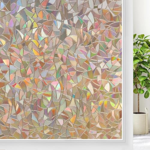 rabbitgoo Fensterfolie Blickdicht Selbsthaftende, Sichtschutzfolie Fenster Braun Bunt, 3D Regenbogen Folie Fenster 90x200cm Statisch Haftend ohne Klebstoff Anti UV Sonnenschutz für Büro Wohnzimmer von rabbitgoo