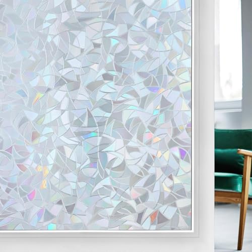 rabbitgoo Fensterfolie Blickdicht Selbsthaftende, Sichtschutzfolie Fenster Silber, 3D Regenbogen Folie Fenster 60x400cm Statisch Haftend ohne Klebstoff Anti UV Sonnenschutz für Büro Wohnzimmer von rabbitgoo