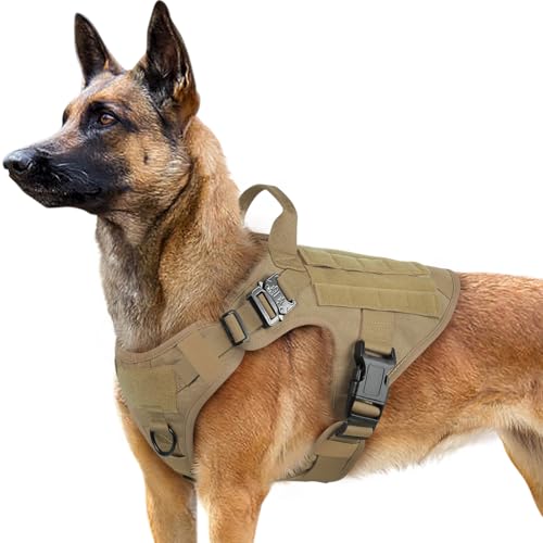 rabbitgoo No Pull Hundegeschirr Mittlere Grosse Hunde, Taktische Brustgeschirr mit MOLLE Griff Metallschnallen, Atmungsaktiv Militär Sicherheitsgeschirr, Verstellbares Gepolstert Hundeweste, L Braun von rabbitgoo