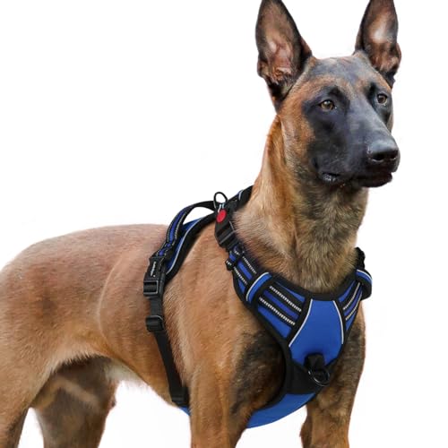 rabbitgoo Hundegeschirr Grosse Hunde, Hundegeschirr ohne Zug, Verstellbare Geschirr Hund ohne Würgen, Anti Zug hundegeschirr mit Griff, weich gepolsterte Reflektierende Brustgeschirr, Blau XL von rabbitgoo