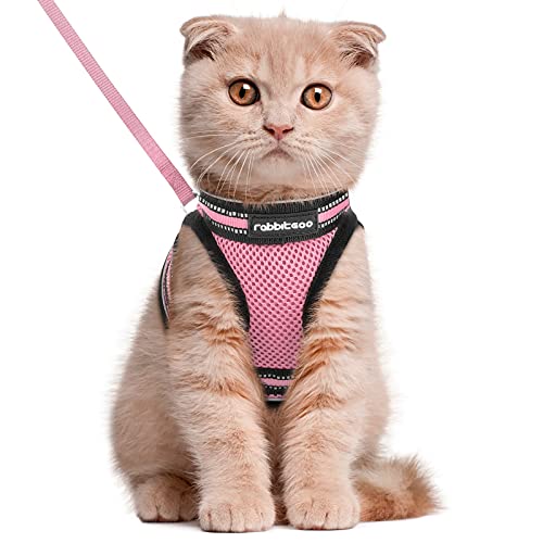 rabbitgoo Katzengeschirr Katzenleine Set Katzengeschirr mit Leine Geschirr Katzen ausbruchsicher verstellbar weich mit reflektierenden Streifen für Katzen Kitten Welpen Cat Harness Leash Rosa M von rabbitgoo