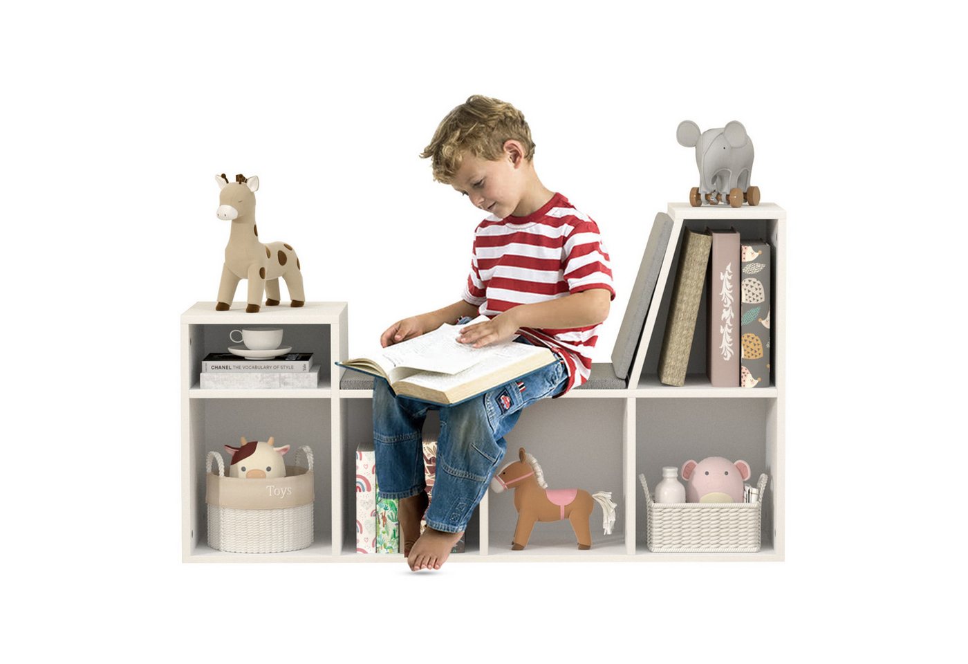 radelldar Bücherregal Kinderregal Spielzeugablage mit Sitz und 6 offenen Fächern,110x30x63cm von radelldar
