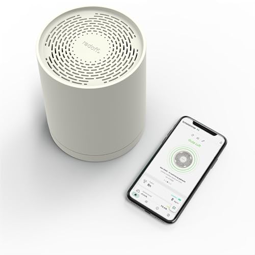 Radoff Sense – Luftqualität Messgerät und Radon Messgerät mit CO2 Melder, VOC, PM, Alexa Kompatibel – Smart Home Gadget mit WiFi-Temperatur-, Umgebungsluftfeuchtigkeits- und Luftdrucksensor von radoff