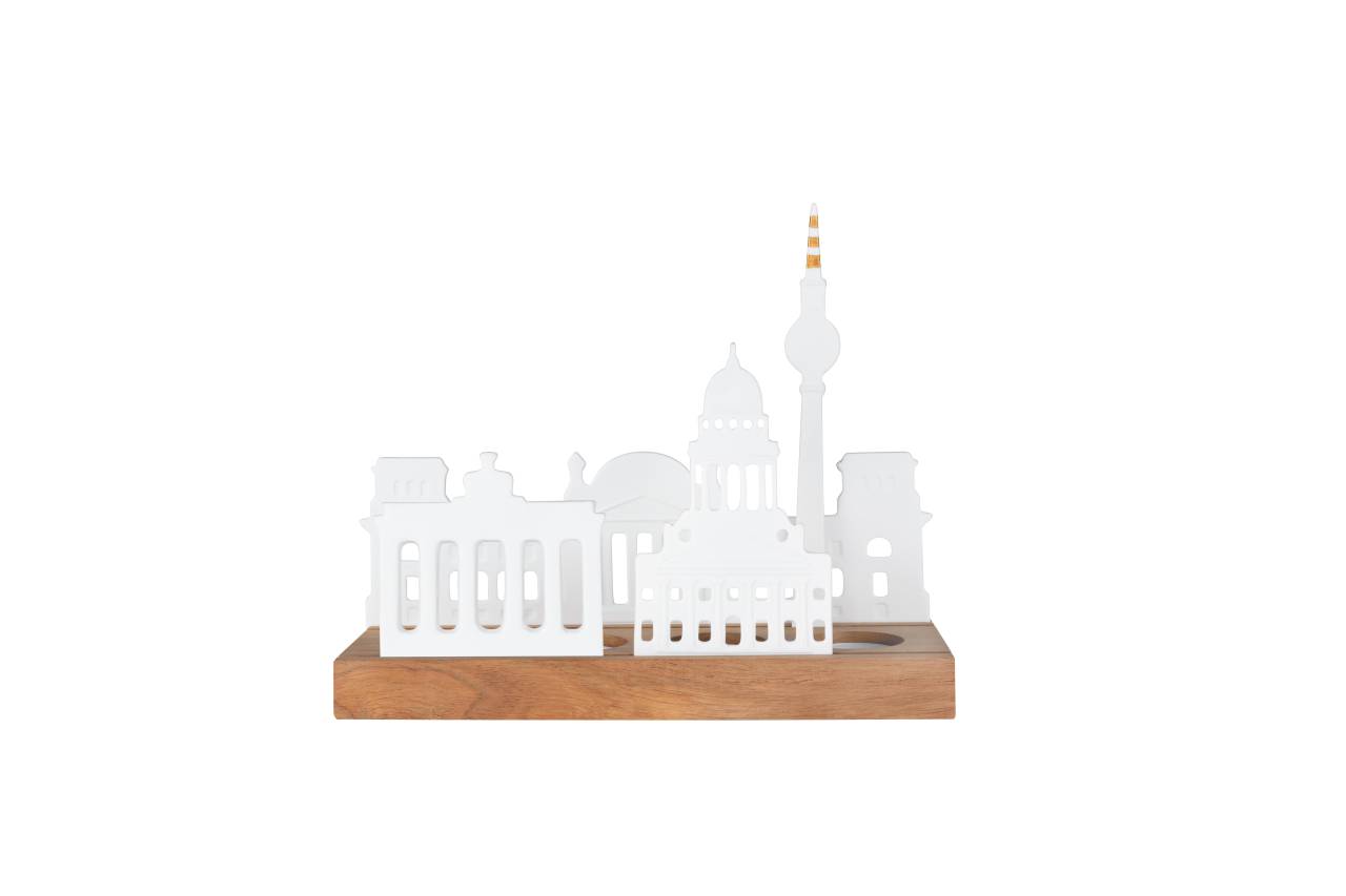 räder Teelichthalter Lichtobjekt Stadtsilhouette Berlin Porzellan Akazienholz... von räder Design