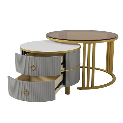 2-in-1 Runder Couchtisch mit Hochglanz- & Braunglas-Tischplatte & 2 Schubladen – Beliebtes Wohnzimmerzubehör (Braun, Grau & Metallic) von raigya
