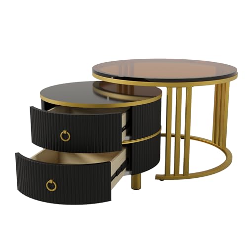 2-in-1 Runder Couchtisch mit Hochglanz- & Braunglas-Tischplatte & 2 Schubladen – Beliebtes Wohnzimmerzubehör (Braun, Schwarz & Metallic) von raigya