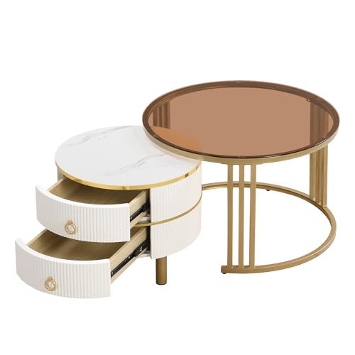 2-in-1 Runder Couchtisch mit Hochglanz- & Braunglas-Tischplatte & 2 Schubladen – Beliebtes Wohnzimmerzubehör (Braun, Weiß & Metallic) von raigya