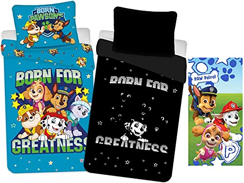 PAW Patrol Glow in The Dark Bettwäsche-Set 135x200 und Badetuch 70x140 Baumwolle Bettzeug von rainbowFUN.de