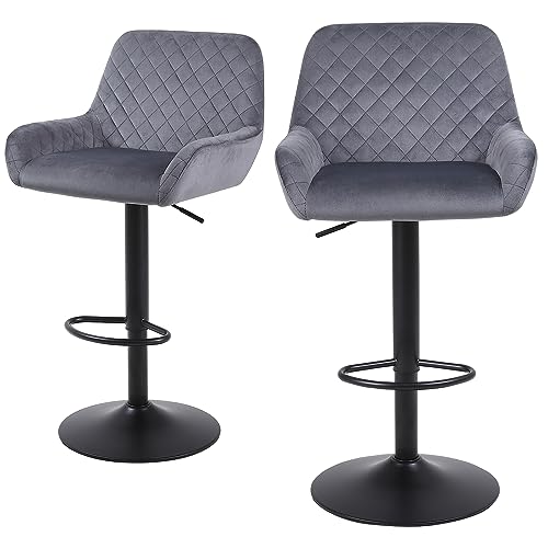 ralex-chair Barhocker 2er Set, Höhenverstellbare Drehbare Barhocker aus Samtstoff, Frühstücks-Esshocker mit Rückenlehne und Armlehne für Bar, Theke und Küche, Grau von ralex-chair