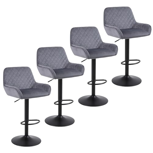 ralex-chair Barhocker 4er Set, Höhenverstellbare Drehbare Barhocker aus Samtstoff, Frühstücks-Esshocker mit Rückenlehne und Armlehne für Bar Theke und Küche, Grau von ralex-chair