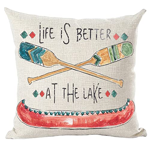 Ramirar Ink Painting Watercolor Boat Oar Paddle Life is Better at The Lake Summer Dekorative Throw Pillow Cover Case Cushion Home Living Room Bed Sofa Car Cotton Linen Square 45,7 x 45,7 cm von ramirar