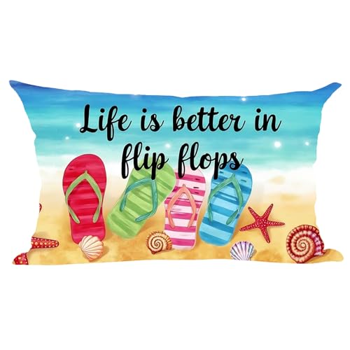 Ramirar Life is Better in Flip Flops Blau Grün Himmel Gelb Strand Sommer Dekorative Lendenwirbeldecke Kissenbezug Kissen Home Wohnzimmer Bett Sofa Auto Baumwolle Leinen Rechteckig 30,5 x 50,8 cm von ramirar