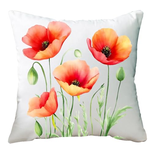 Ramirar Tintenmalerei Aquarell Gelb Orange Mohnblumen Dekorative Wurfkissenbezug Kissen Zuhause Wohnzimmer Bett Sofa Auto Weiß Polyester Samt Quadrat 45,7 x 45,7 cm von ramirar