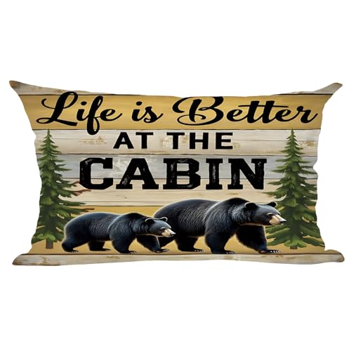 ramirar Black Bear Life Is Better At The Cabin Forest Trees Field Retro Brown Fall Dekorative Lendenwirbelkissenbezug Kissen Home Wohnzimmer Bett Sofa Auto Baumwolle Leinen rechteckig 30,5 x 50,8 cm von ramirar