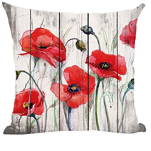 ramirar Handbemalte Tintenmalerei Aquarell rote Mohnblumen Retro Grau Holz Hintergrund Dekorative Wurfkissenbezug Kissen Zuhause Wohnzimmer Bett Sofa Auto Baumwolle Leinen Quadrat 45,7 x 45,7 cm von ramirar