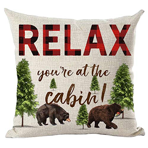 ramirar Kissenbezug mit Zitat "Relax You Are At The Cabin", Bären, Froest Bäume, inspirierend, dekorativ, für Zuhause, Wohnzimmer, Bett, Sofa, Auto, Baumwollleinen, quadratisch, 45,7 x 45,7 cm von ramirar