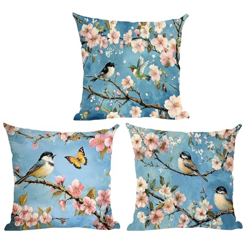 ramirar Set mit 3 Tuschemalerei Aquarell Rosa Pfirsichblüten Blumen Vögel Blau Hintergrund Dekorativer Überwurf Kissenbezug Kissen Zuhause Wohnzimmer Bett Sofa Auto Baumwolle Leinen Quadratisch 45,7 von ramirar